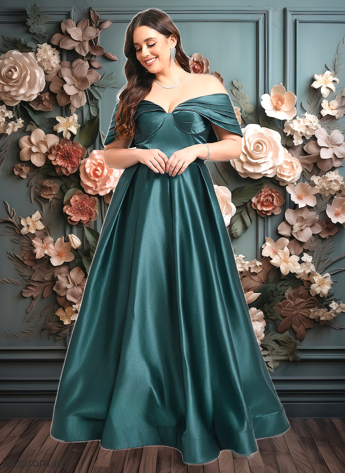 Terri A-line Off the Shoulder Floor-Length Satin Prom Dresses With Pleated HFP0025851