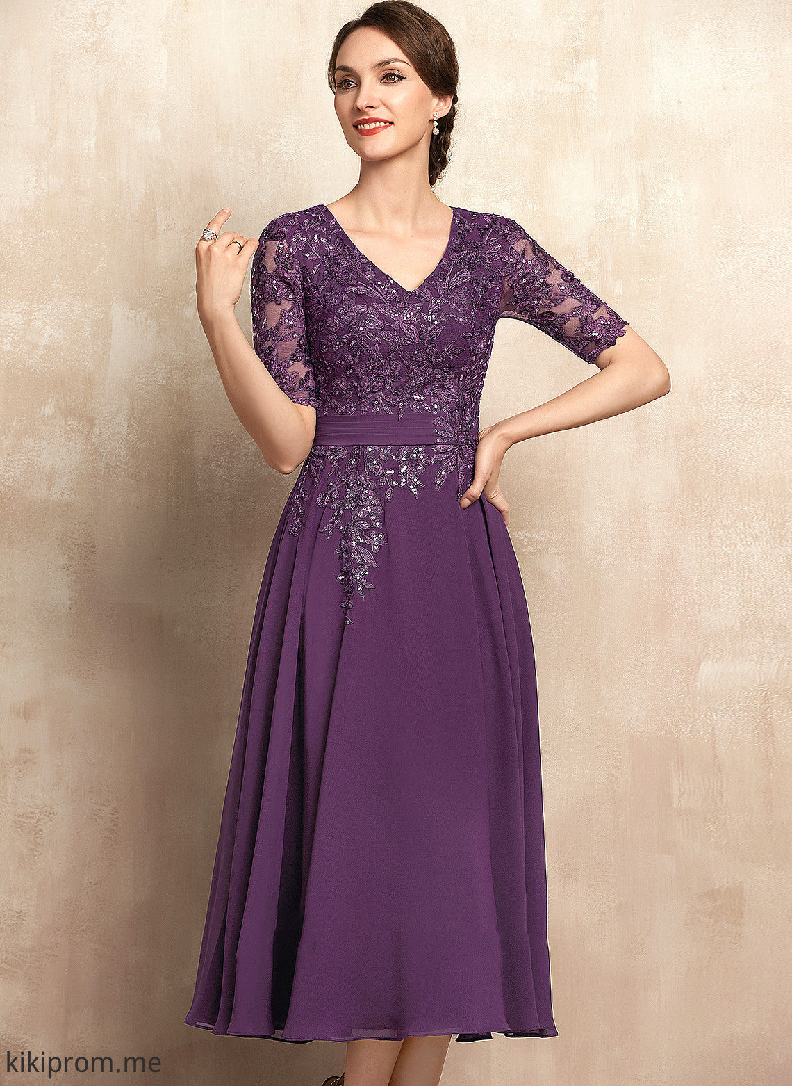 of Sequins Tea-Length V-neck Mother Mother of the Bride Dresses the Chiffon Adrienne A-Line Bride With Lace Dress