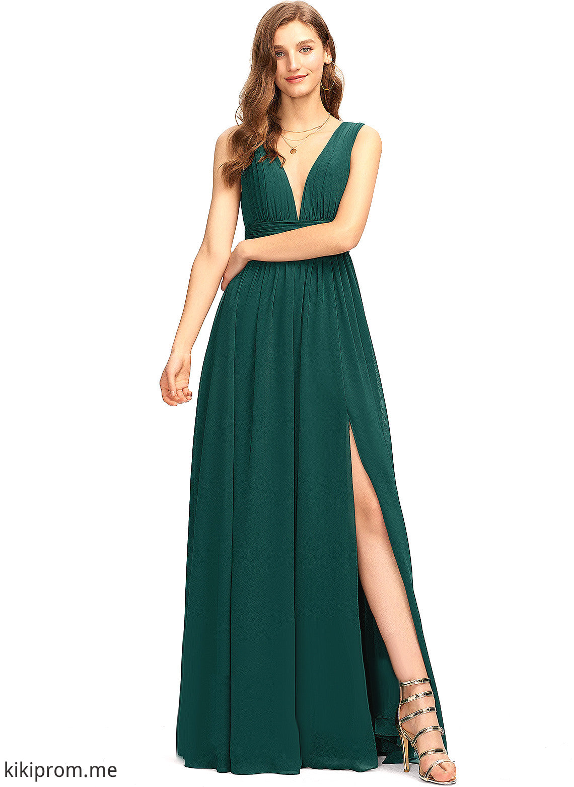 With Chiffon A-Line Prom Dresses Pleated Floor-Length V-neck Liana