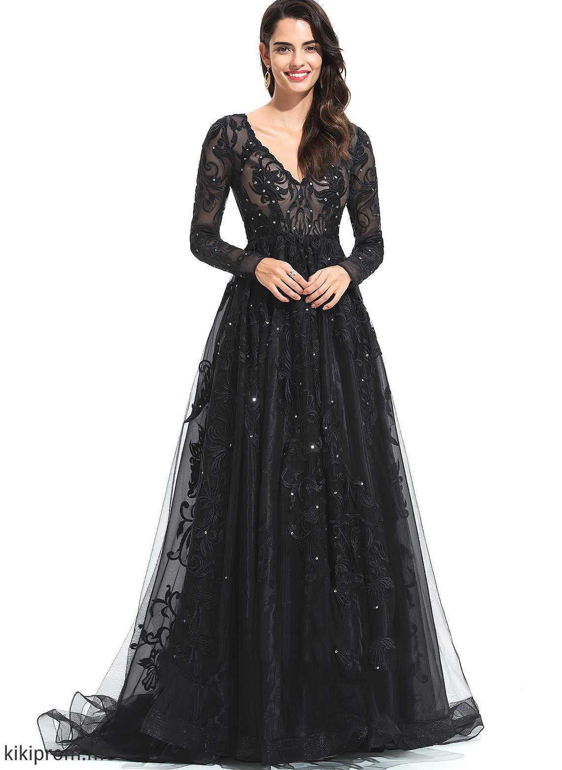 With Sweep V-neck Lace Tulle Sequins Train Ball-Gown/Princess Sarah Prom Dresses