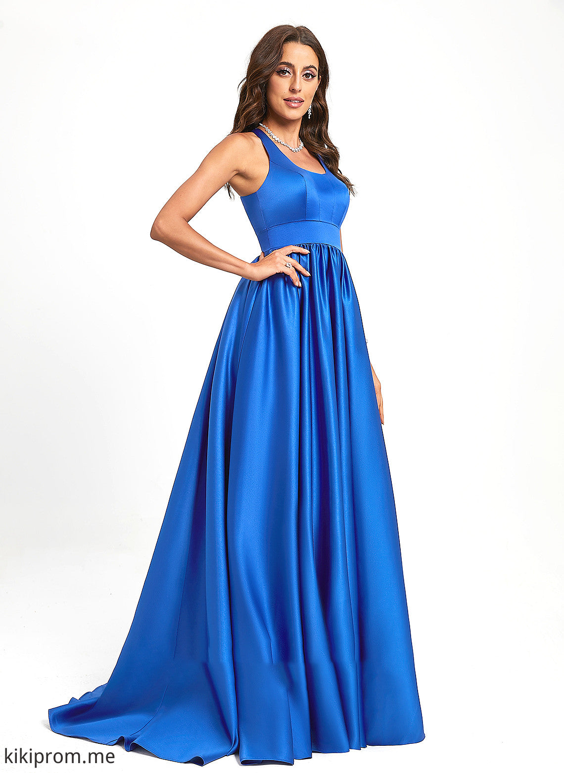 Kylie Train Neck Scoop Satin Sweep Prom Dresses A-Line