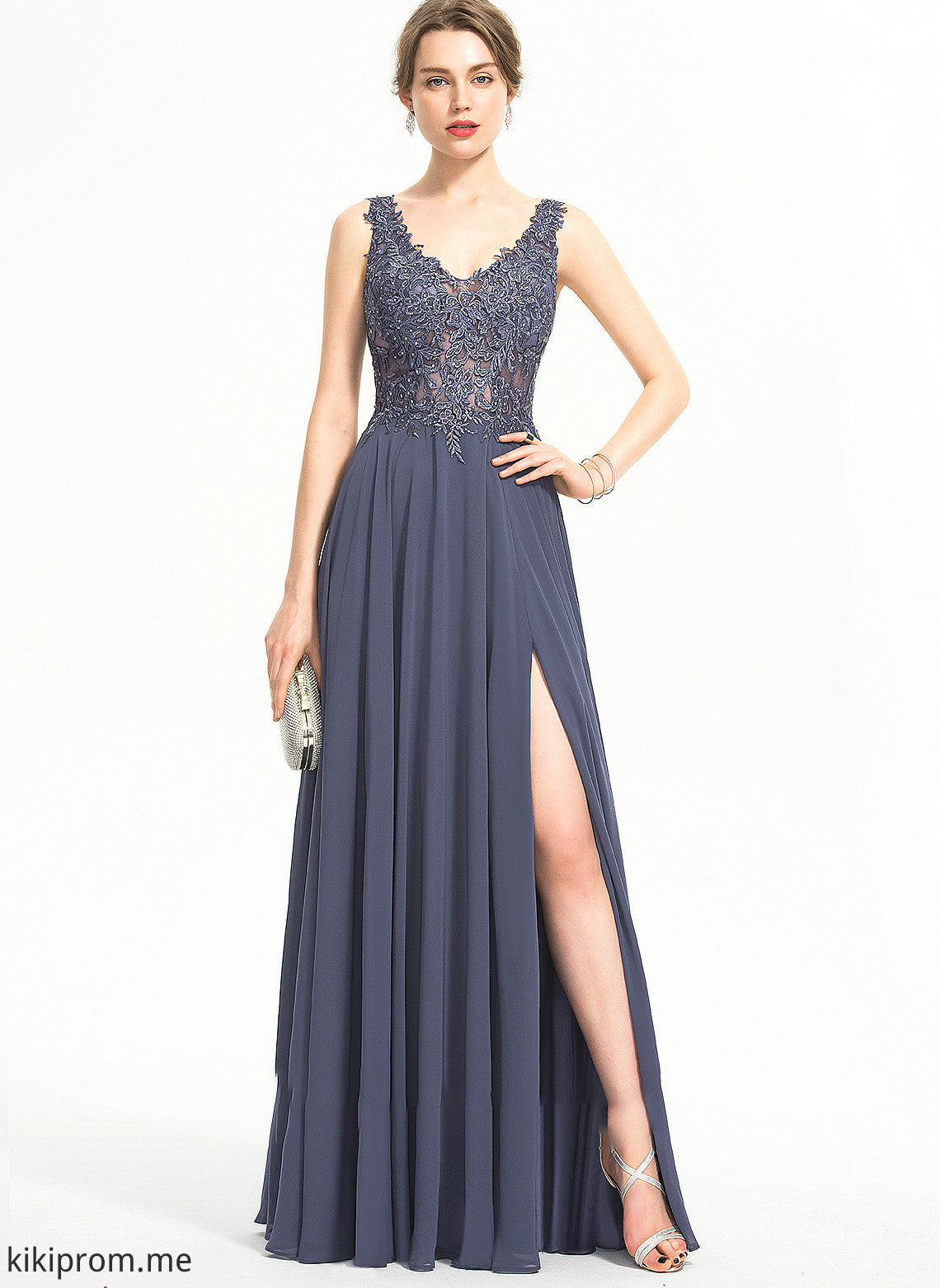 With Chiffon Sequins Split V-neck A-Line Prom Dresses Beading Front Ciara Floor-Length