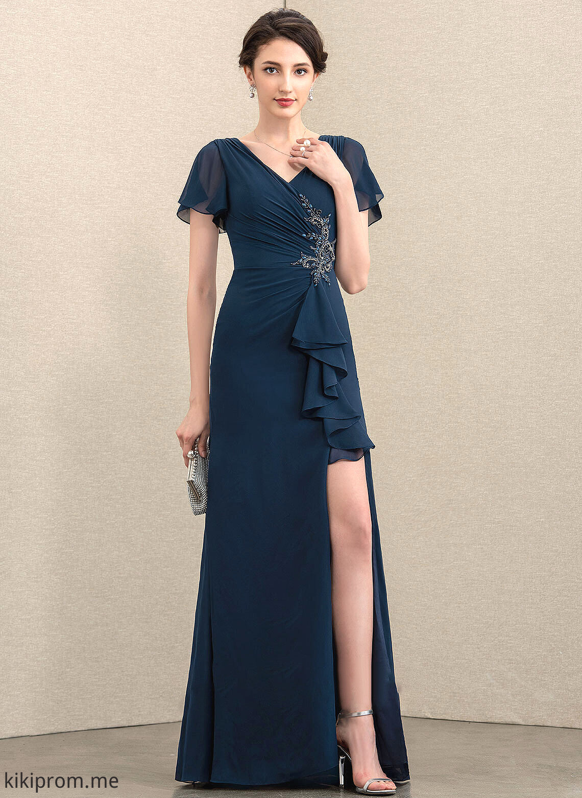 Beading Ruffles Bride Chiffon of Sheath/Column V-neck With Front Cascading Mother Mother of the Bride Dresses Dress the Macy Floor-Length Split