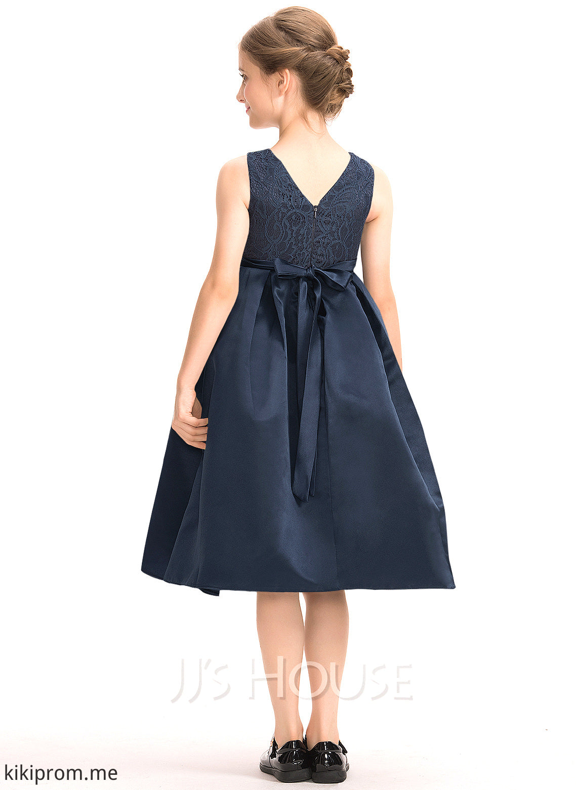 With Beading Scoop A-Line Bow(s) Junior Bridesmaid Dresses Ariana Satin Neck Lace Knee-Length