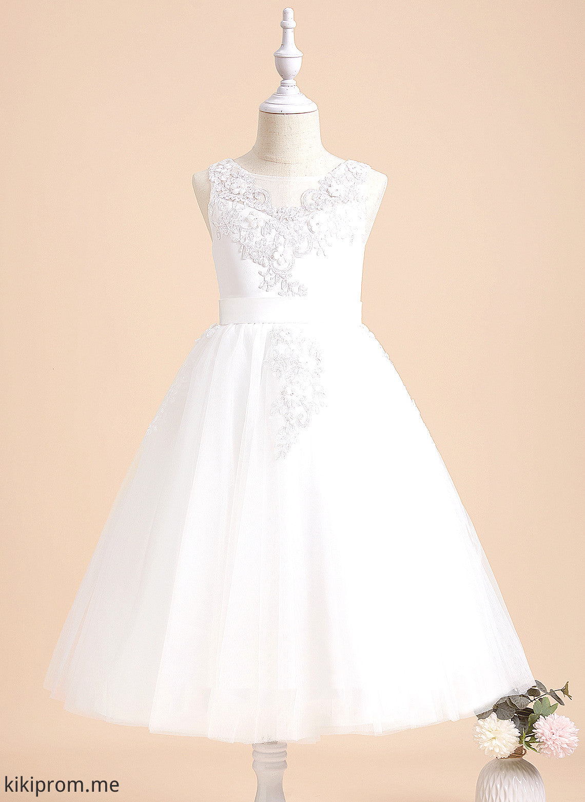 Girl With Neck Beading/Flower(s) Daniella - Tulle/Lace Scoop Tea-length Flower Girl Dresses Dress Sleeveless A-Line Flower