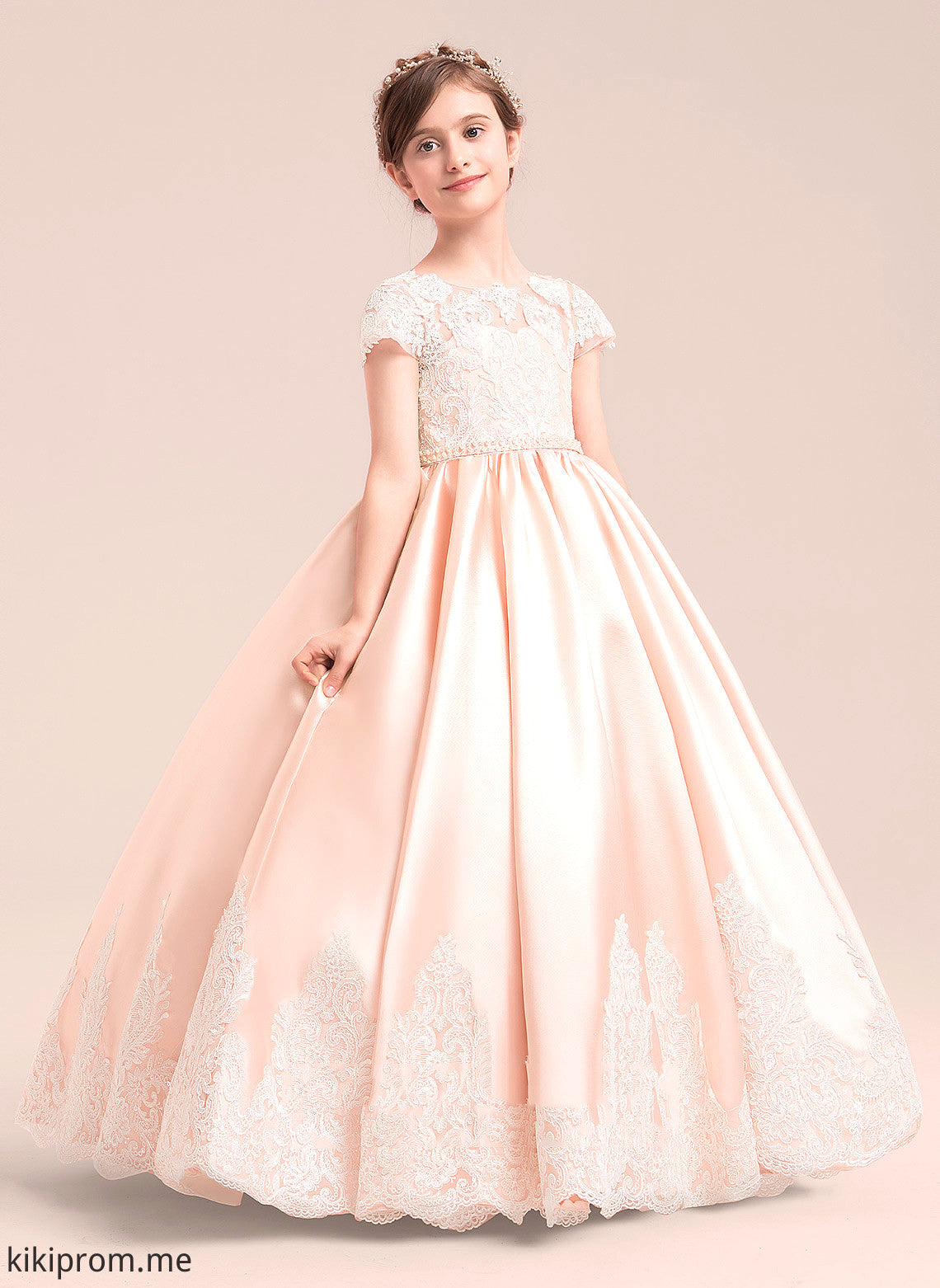 Satin/Tulle/Lace Philippa (Petticoat With Ball Dress Floor-length NOT included) Girl Short Gown - Sleeves Flower Beading Scoop Neck Flower Girl Dresses