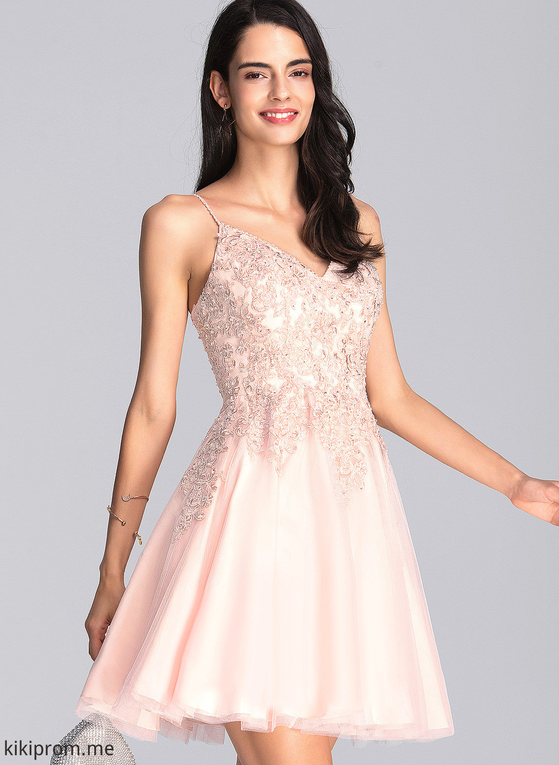 With Short/Mini Tulle A-Line Prom Dresses Marian Beading V-neck