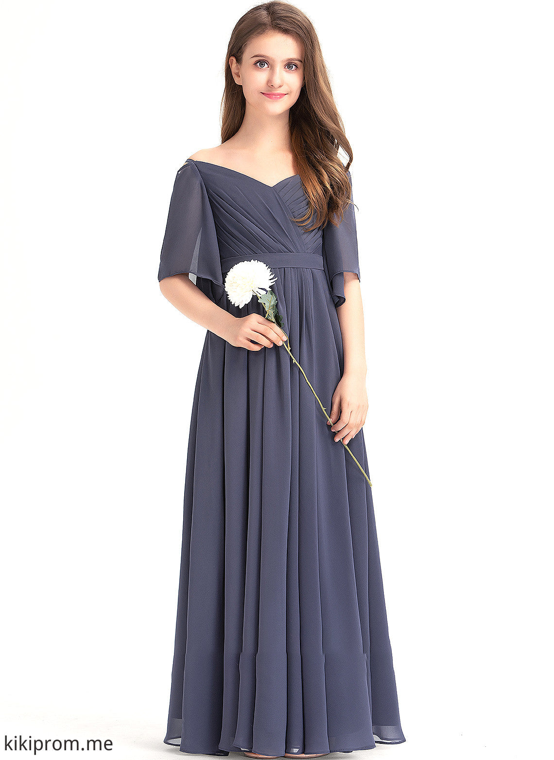 With Floor-Length Kaylyn A-Line Bow(s) Off-the-Shoulder Chiffon Junior Bridesmaid Dresses Ruffle