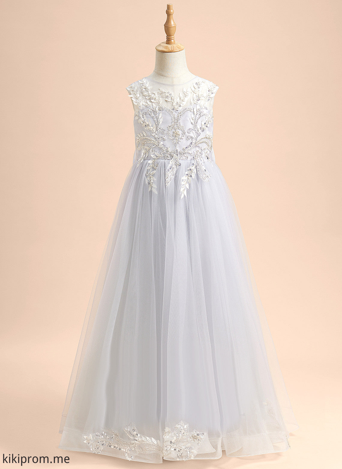 With Floor-length Sleeveless Janiyah Beading/Sequins/Bow(s) Neck Dress - Flower A-Line Girl Scoop Tulle Flower Girl Dresses