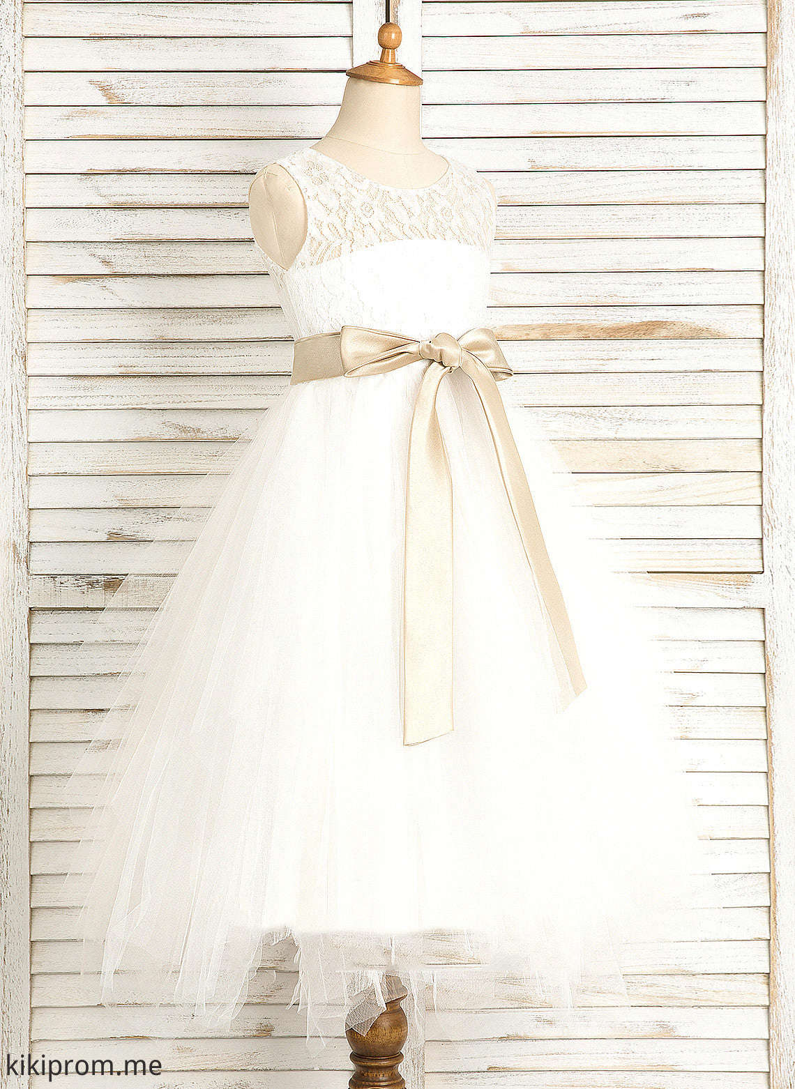 Satin/Tulle/Lace Girl Marlene Flower Girl Dresses A-Line/Princess Scoop Sash/Bow(s)/Back Sleeveless Tea-length Neck Flower With - Hole Dress