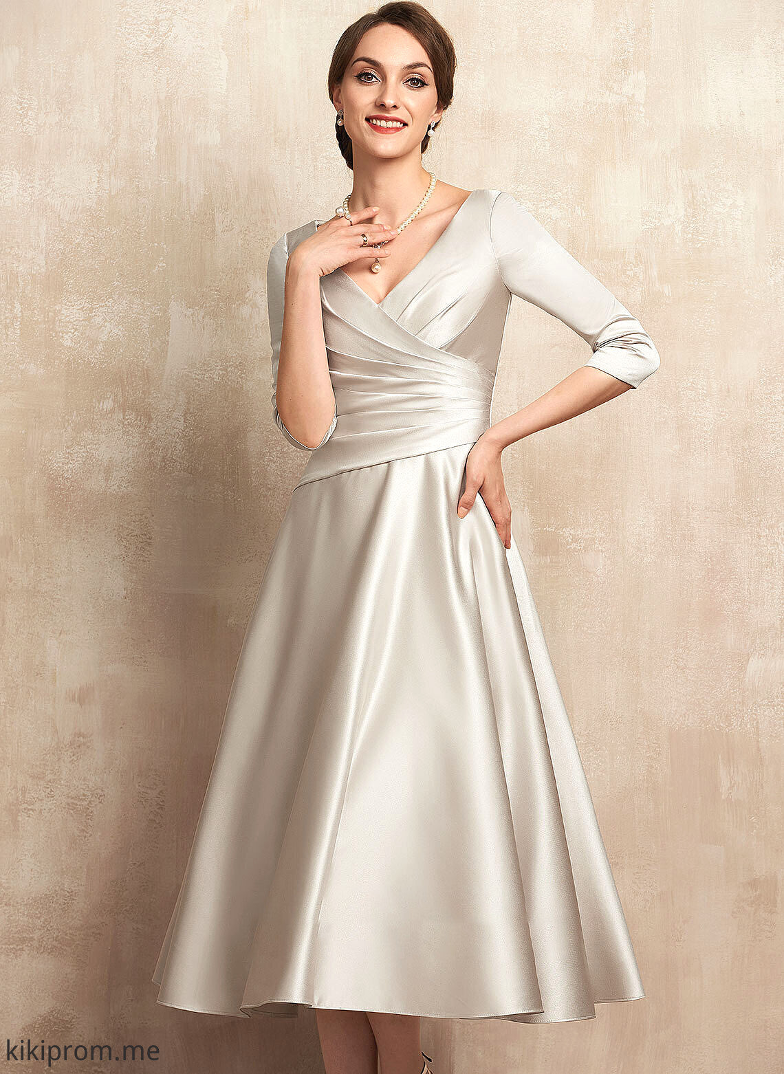 Bride Dress Ruffle A-Line Tea-Length of V-neck Mother With the Ashtyn Satin Mother of the Bride Dresses