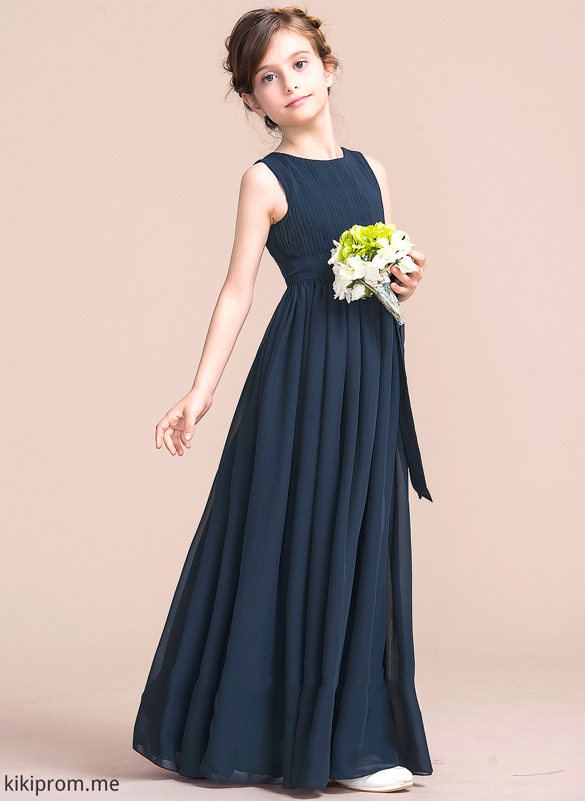 Empire Flower Girl Dresses Bow(s) Thirza Scoop Flower Dress - Floor-length Sleeveless Chiffon With Neck Girl