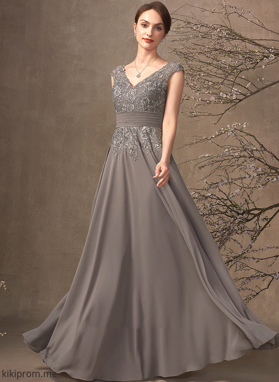 A-Line of Floor-Length Sequins Mother of the Bride Dresses Cloe Bride Chiffon Dress the Lace Ruffle With V-neck Mother