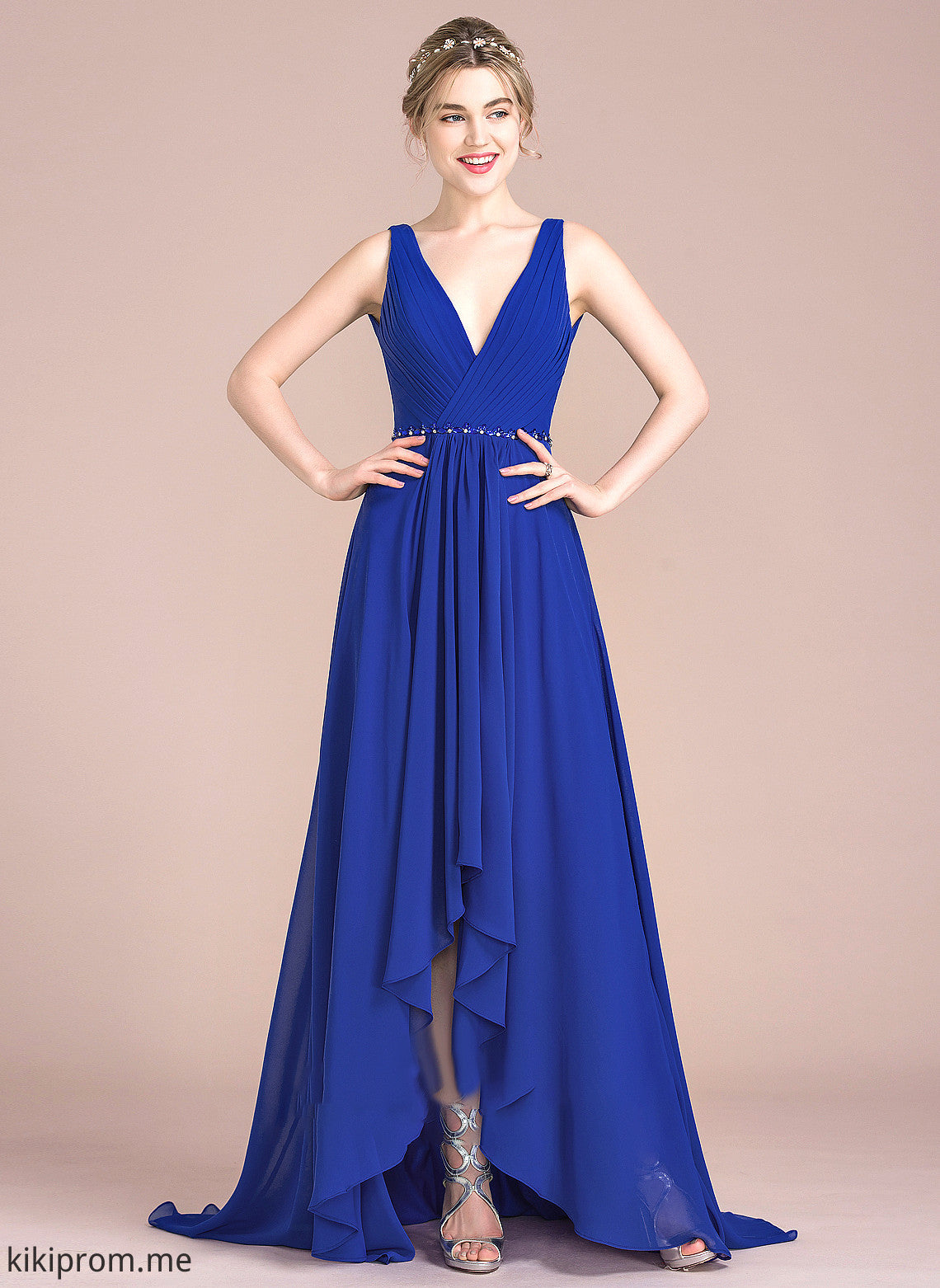 Asymmetrical Chiffon V-neck Prom Dresses Sequins Haven Ruffle With A-Line Beading