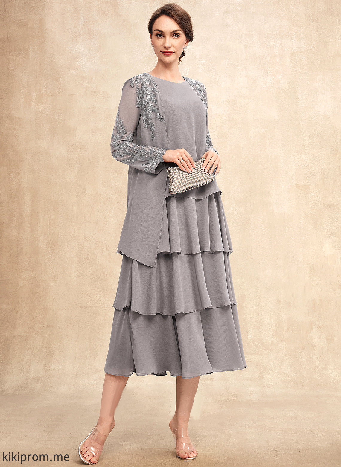 Dress Tea-Length the A-Line Cascading Mother of Neck Chiffon Scoop With Mother of the Bride Dresses Ayana Bride Ruffles