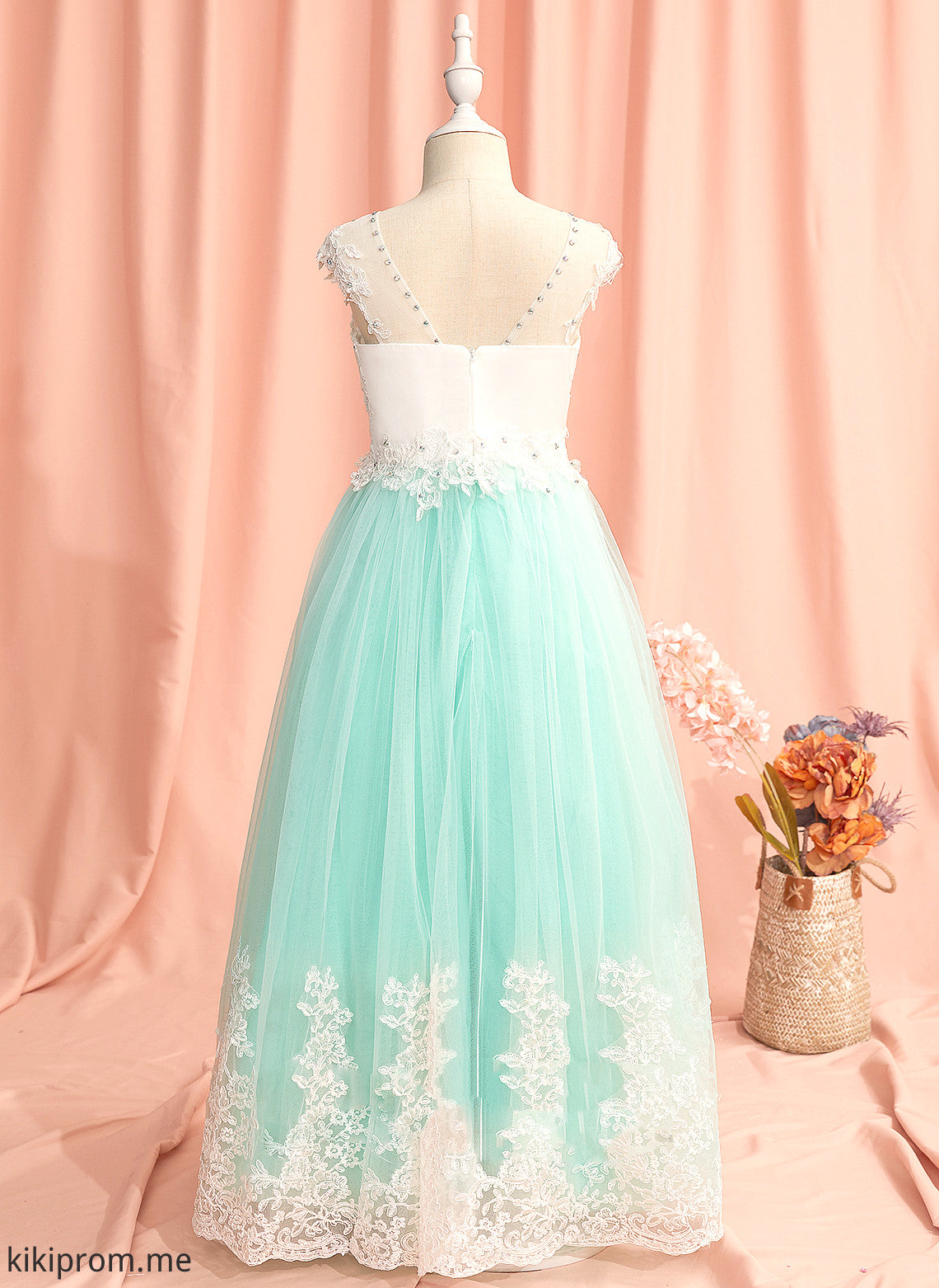 With Back Sleeveless Scoop Floor-length Girl Dress Flower Girl Dresses Lace/Beading/Bow(s)/V Tulle Ball-Gown/Princess Flower - Kathryn Neck