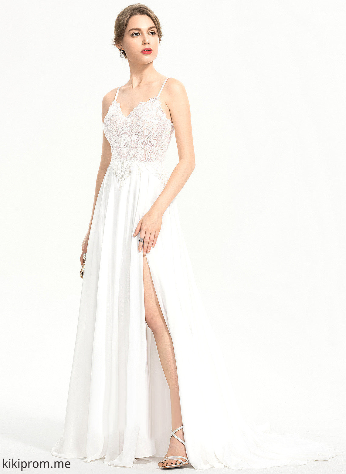 Sweep Front Train Karla Lace Wedding A-Line Wedding Dresses V-neck Dress With Split Chiffon