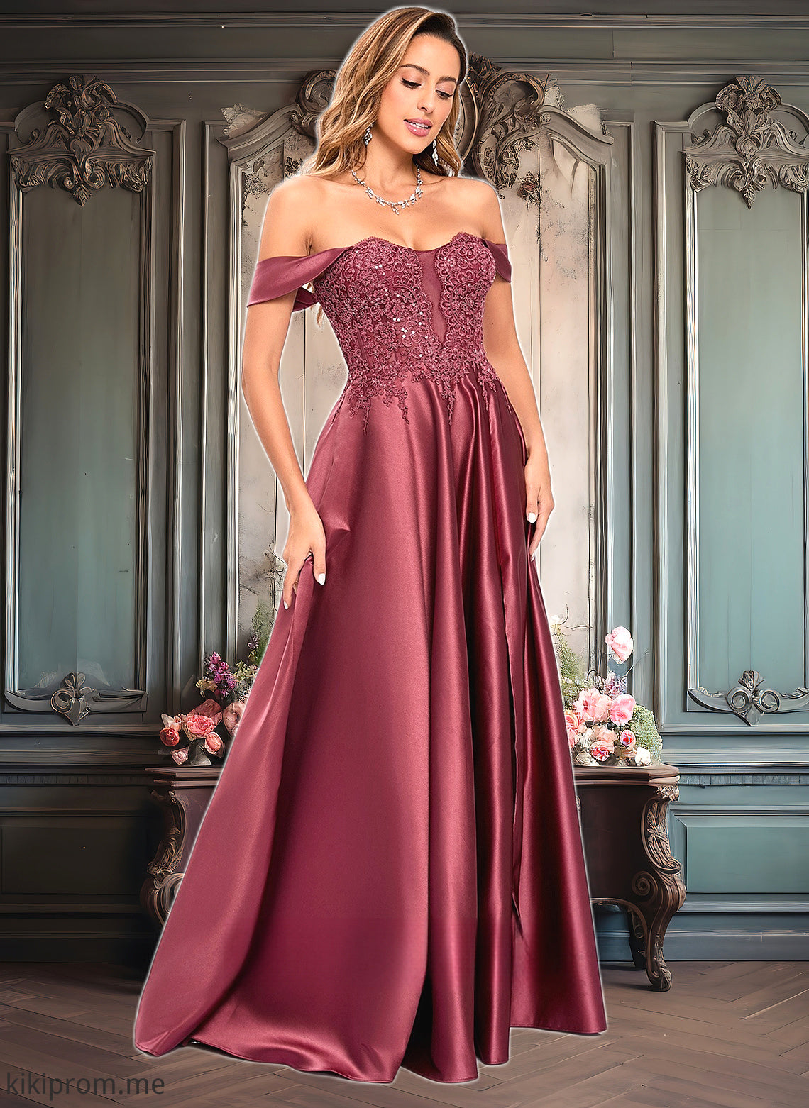 Gretchen A-line Off the Shoulder Floor-Length Satin Lace Prom Dresses With Sequins HFP0025841