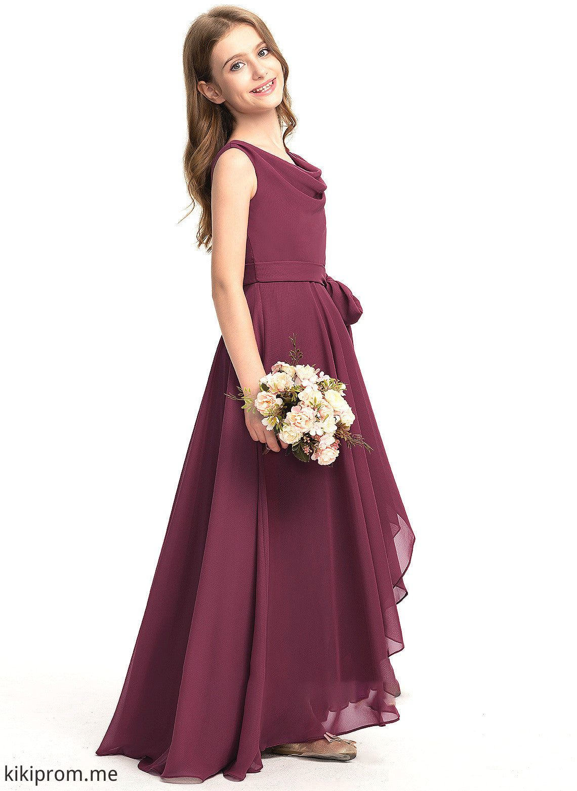 With Cowl Junior Bridesmaid Dresses Neck A-Line Chiffon Bow(s) Lilia Asymmetrical