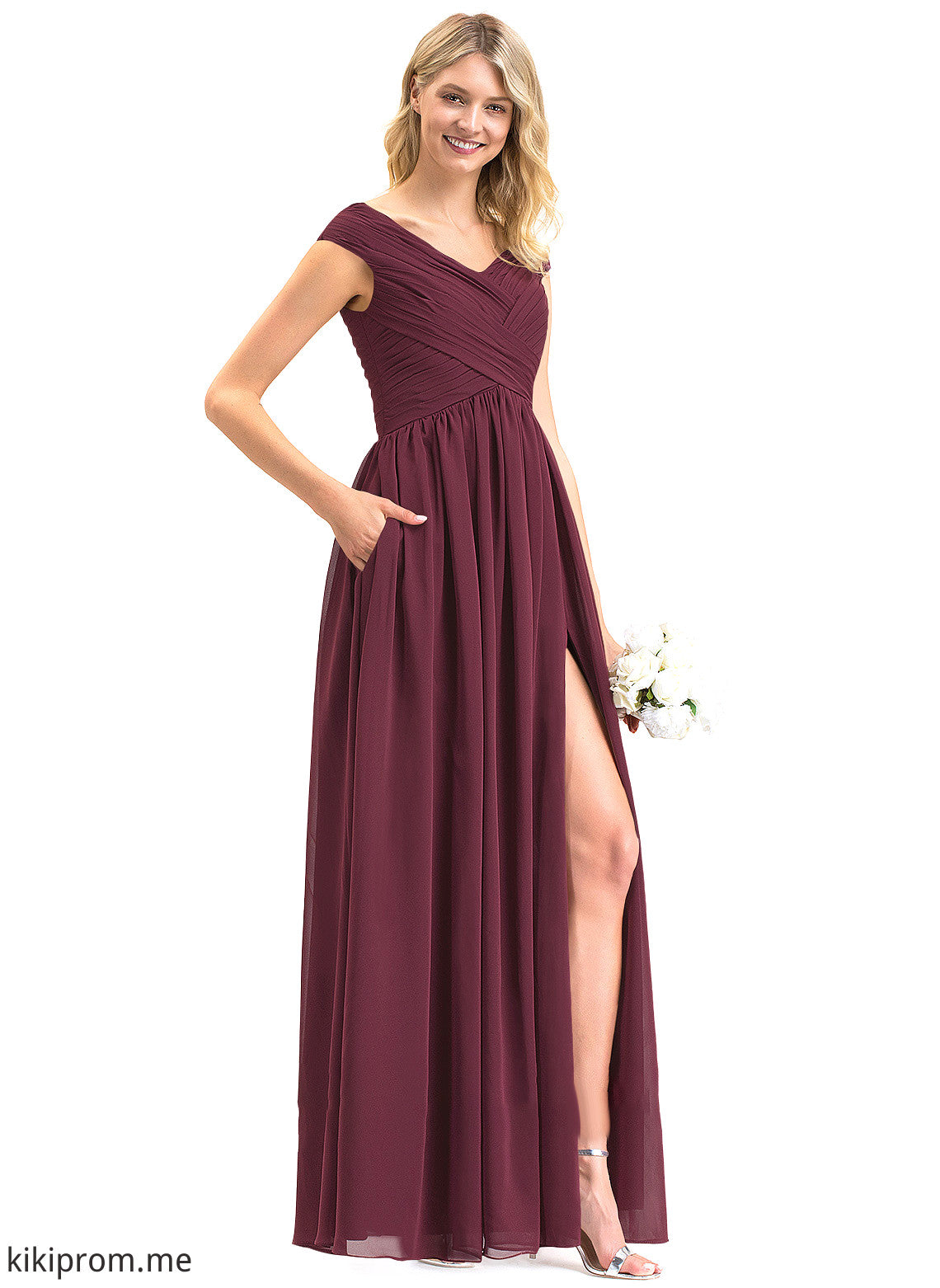 With Ruffle Front Floor-Length Pockets Nan Chiffon Split Off-the-Shoulder Prom Dresses A-Line