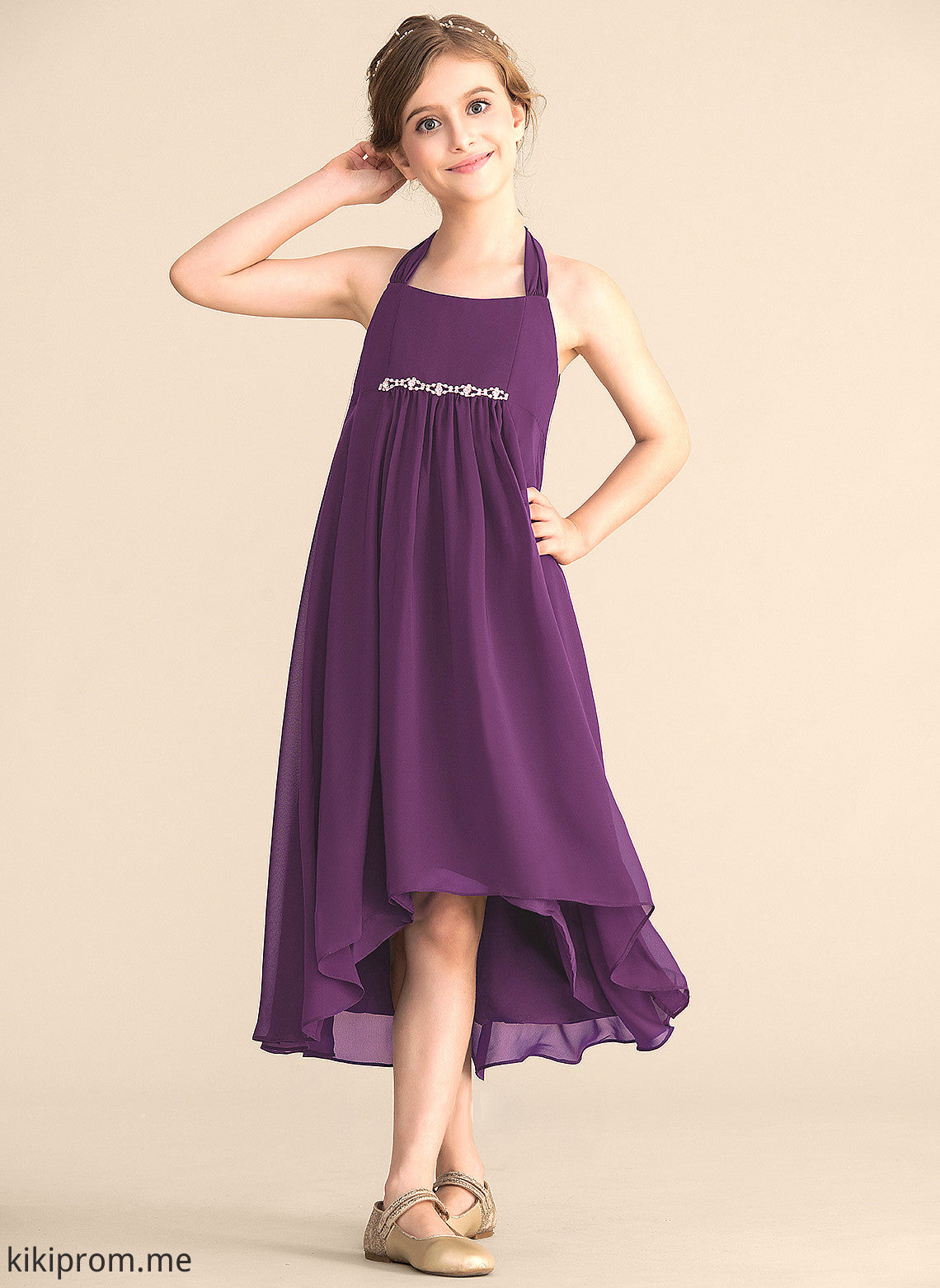 With Chiffon Empire Junior Bridesmaid Dresses Beading Bow(s) Asymmetrical Alondra Halter