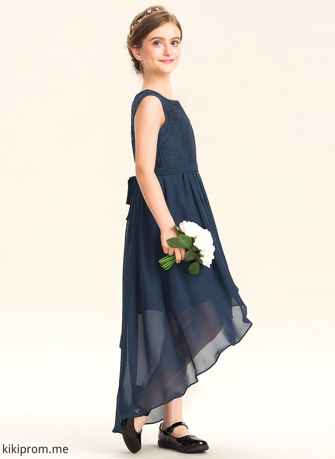 With Neck Chiffon Junior Bridesmaid Dresses Charlee A-Line Scoop Bow(s) Cascading Asymmetrical Ruffles Lace