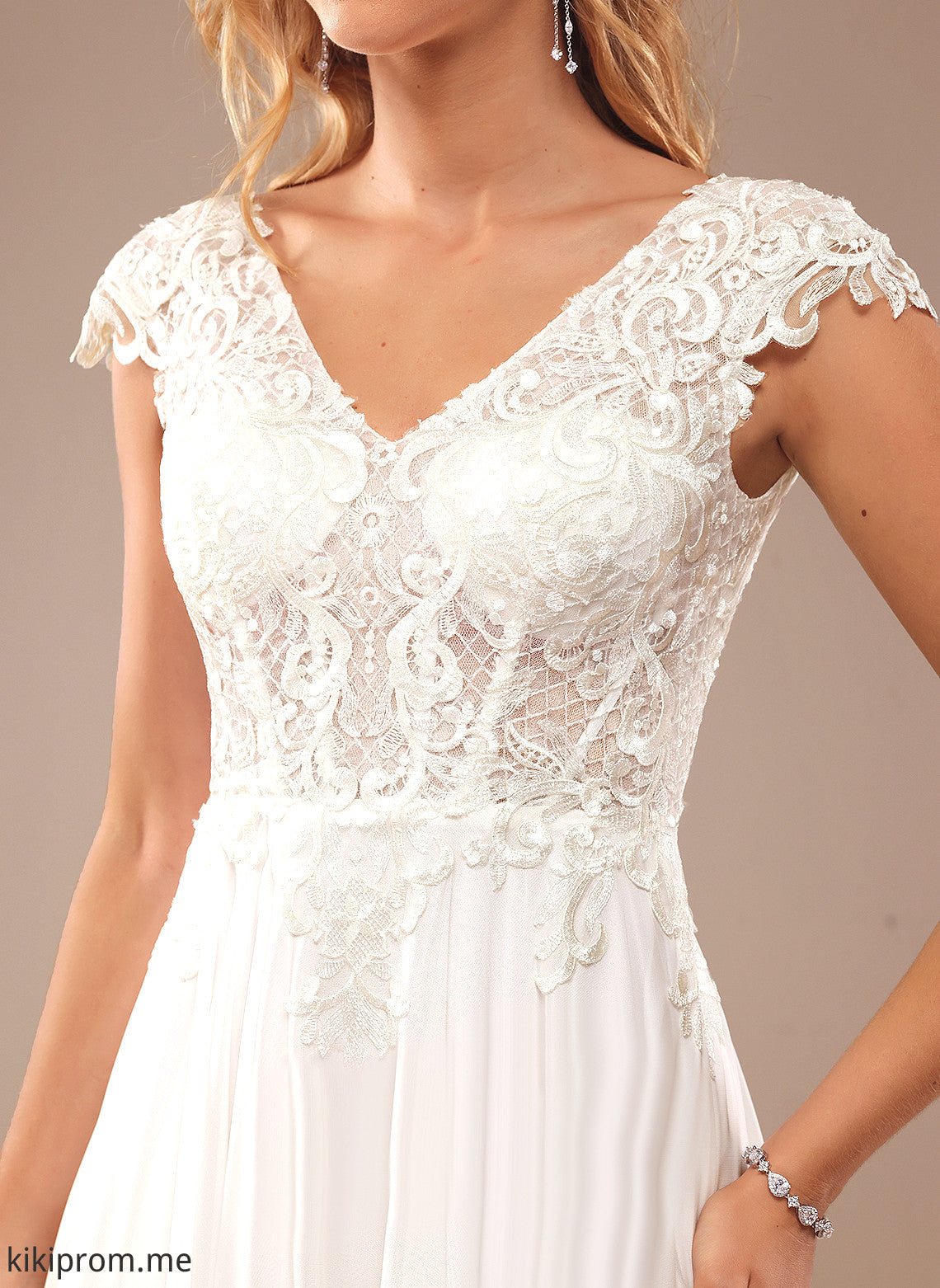 A-Line Natasha Wedding Dresses Chiffon Sweep Dress Lace Train V-neck Wedding Lace With