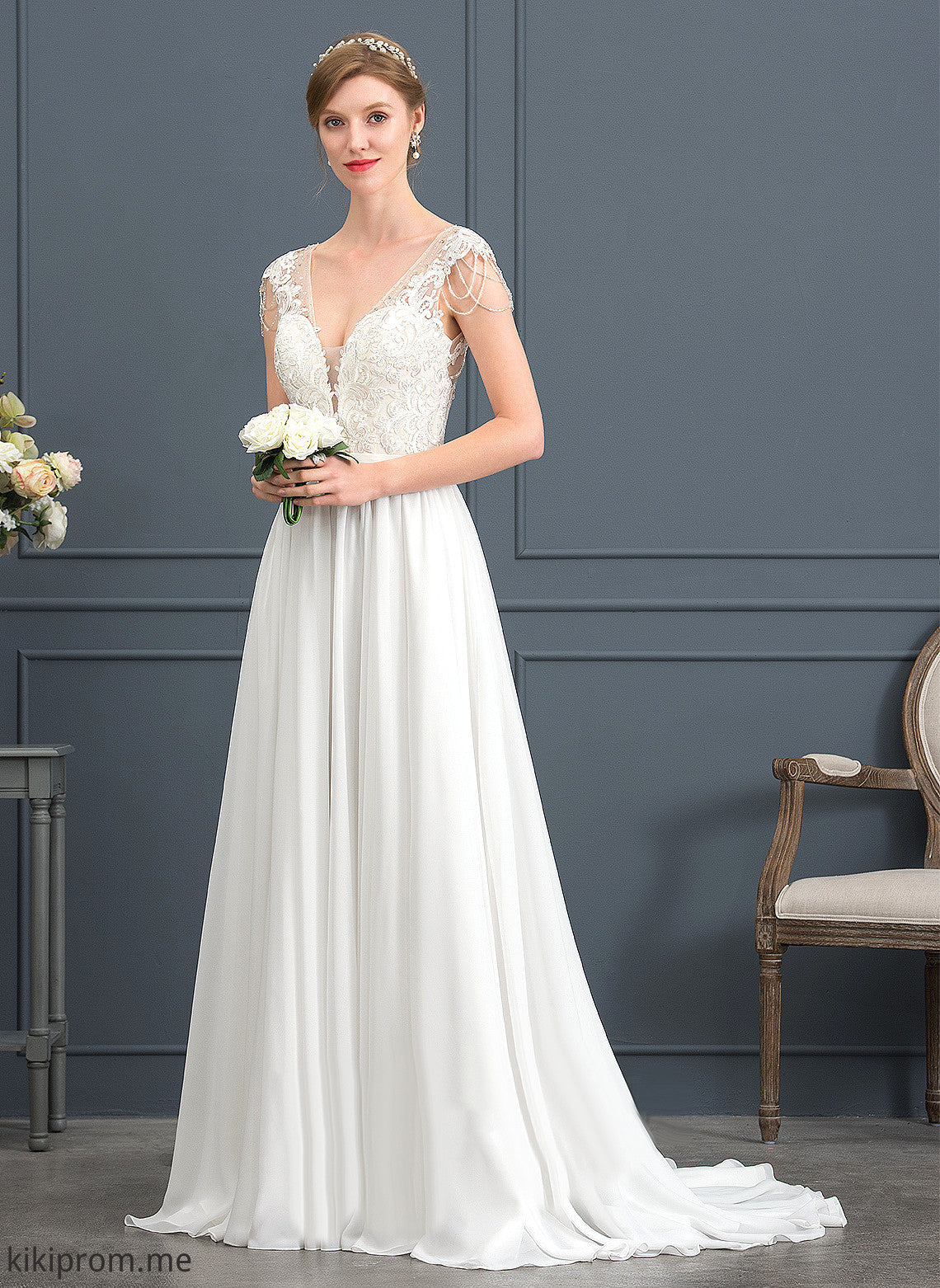 V-neck Sweep Paulina With Wedding Dresses Lace Train Sequins A-Line Dress Wedding Chiffon Beading