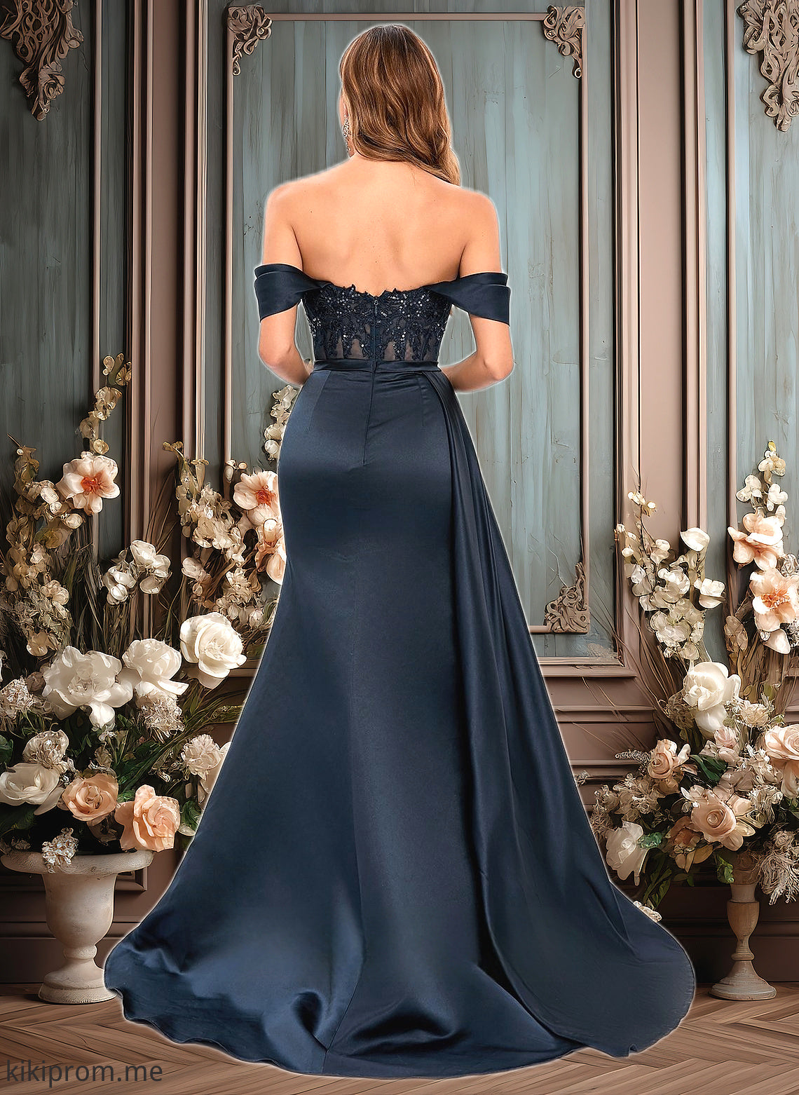 Everleigh Trumpet/Mermaid Off the Shoulder Sweep Train Satin Prom Dresses With Sequins Appliques Lace HFP0025835