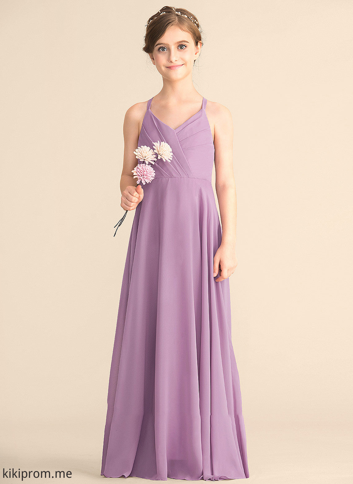 With Junior Bridesmaid Dresses Chiffon V-neck A-Line Floor-Length Cascading Ruffles Dixie