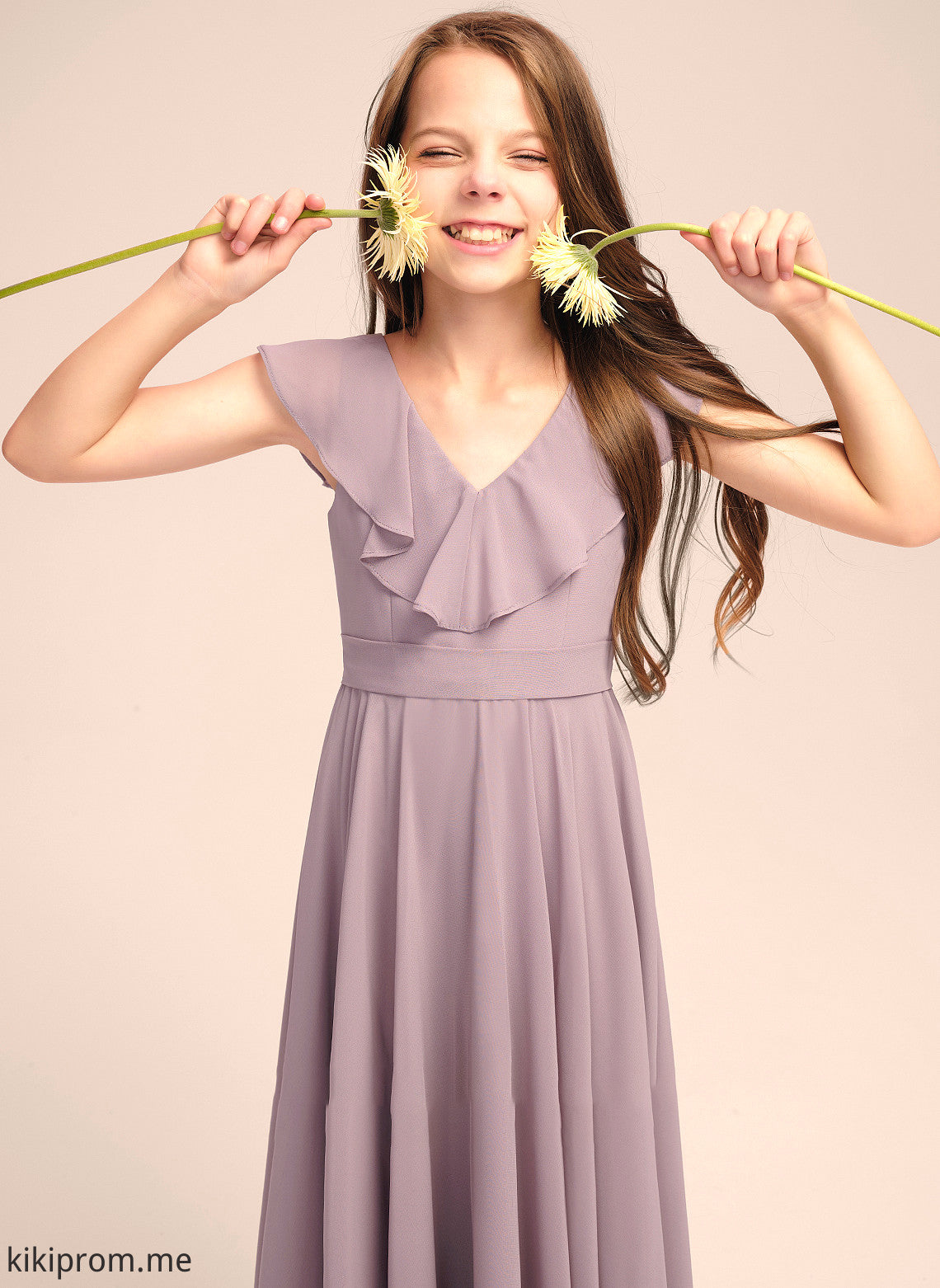 With Chiffon Evangeline Cascading Junior Bridesmaid Dresses Ruffles A-Line Floor-Length V-neck