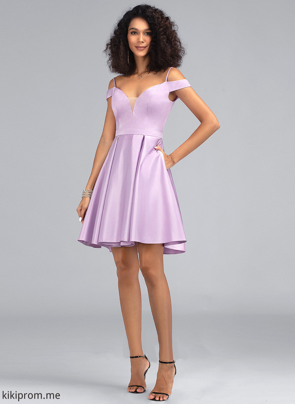 With Satin Short/Mini Pockets Bow(s) Off-the-Shoulder Maddison Homecoming Dresses Homecoming Dress A-Line