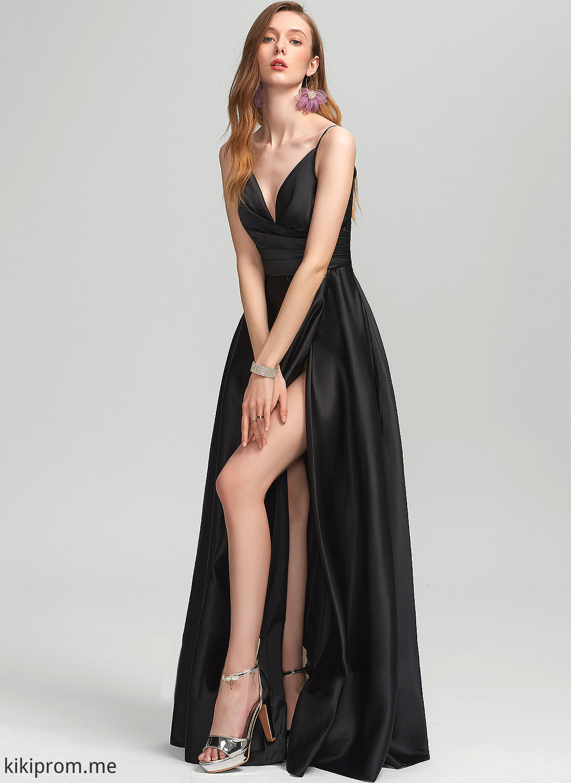 Front Ruffle Floor-Length Split Prom Dresses Anya With Satin V-neck A-Line