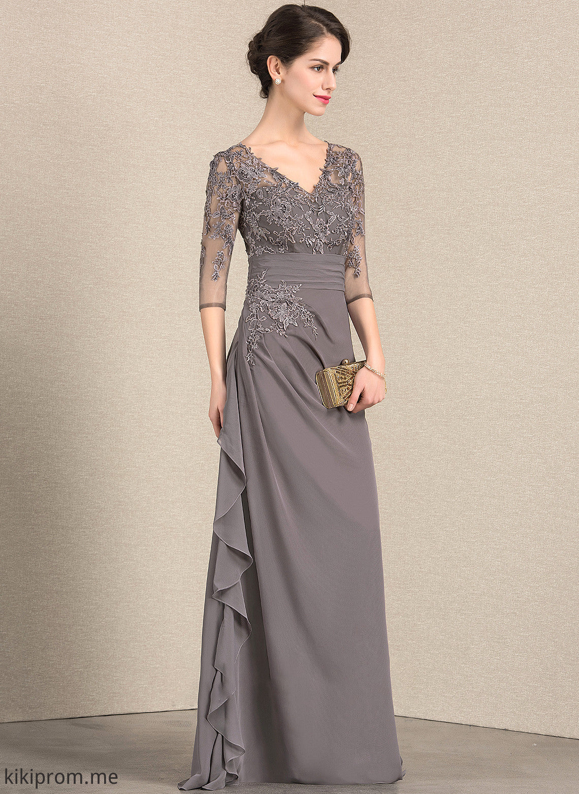 Chiffon V-neck Floor-Length of Julianne Mother of the Bride Dresses Lace the Ruffles A-Line Dress With Bride Cascading Mother