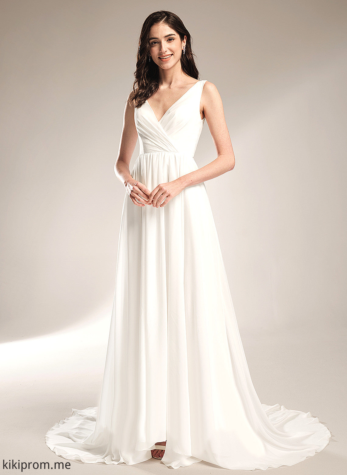 Wedding Dresses Train Lace Dress Chiffon A-Line With Elliana Court V-neck Wedding