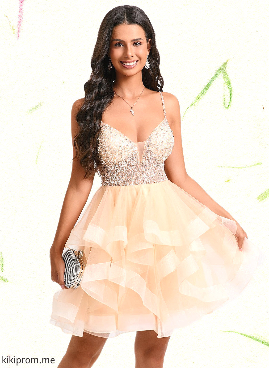 Ella Ball-Gown/Princess V-Neck Short Tulle Homecoming Dress With Beading Sequins HFP0025646