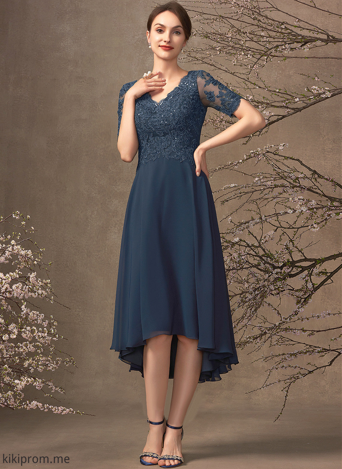 With Sequins Chiffon Lace A-Line Mother of V-neck Dress Mother of the Bride Dresses the Asymmetrical Rhoda Bride