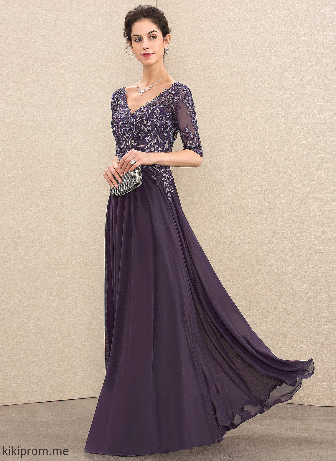 of Bride Floor-Length Dress Mother V-neck Mother of the Bride Dresses Lace A-Line Carleigh the Chiffon