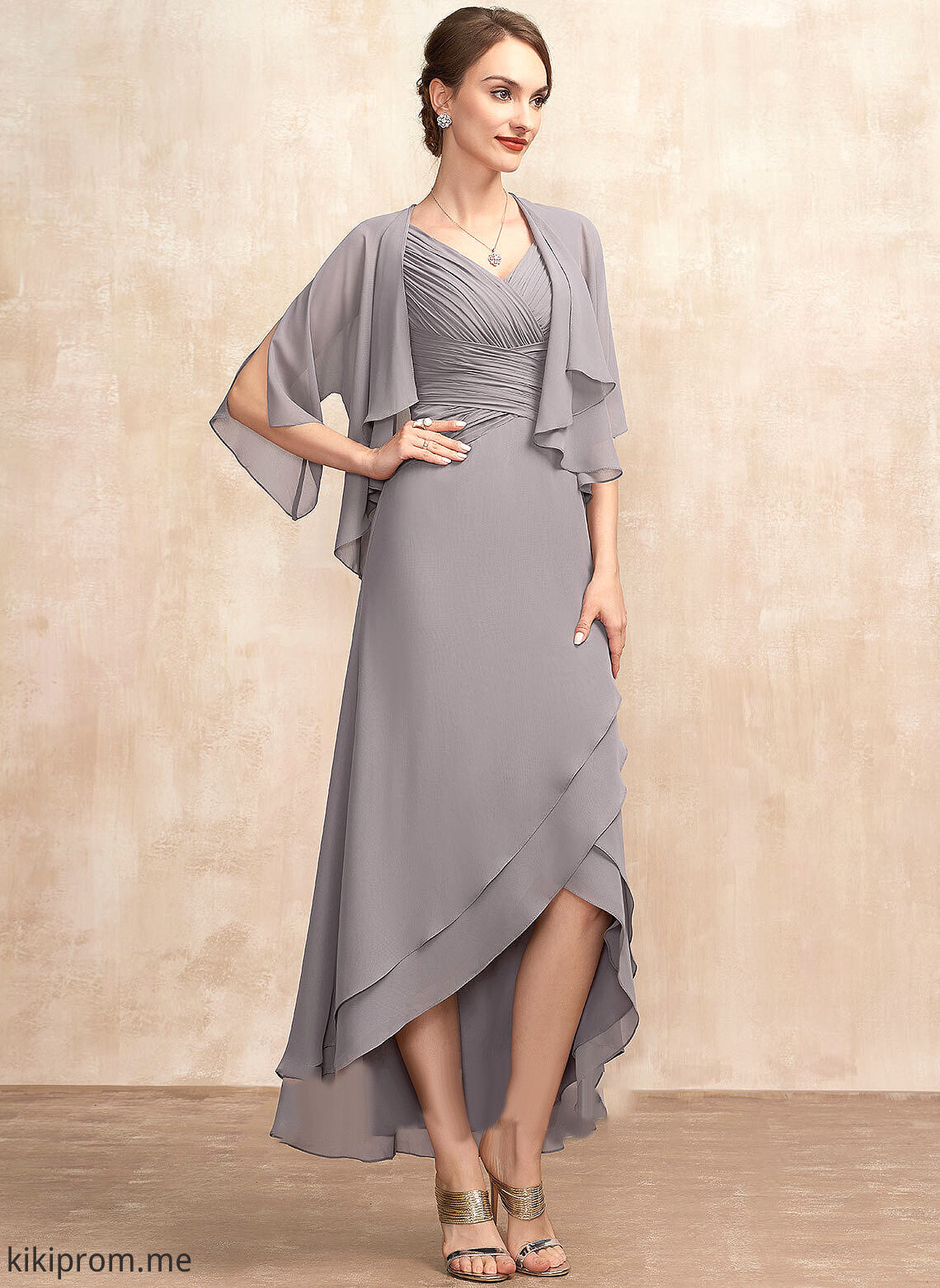 of Asymmetrical Mother Carmen Chiffon Ruffle Bride Dress A-Line Mother of the Bride Dresses the V-neck With