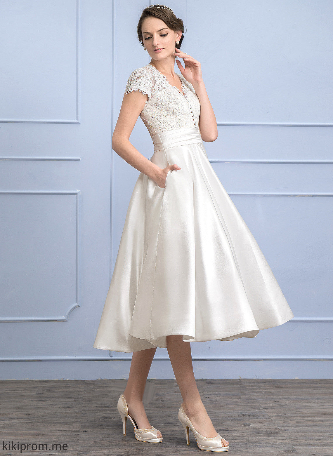 Tea-Length Wedding Dresses Lace Allison Dress Ruffle V-neck Wedding A-Line Satin Pockets With