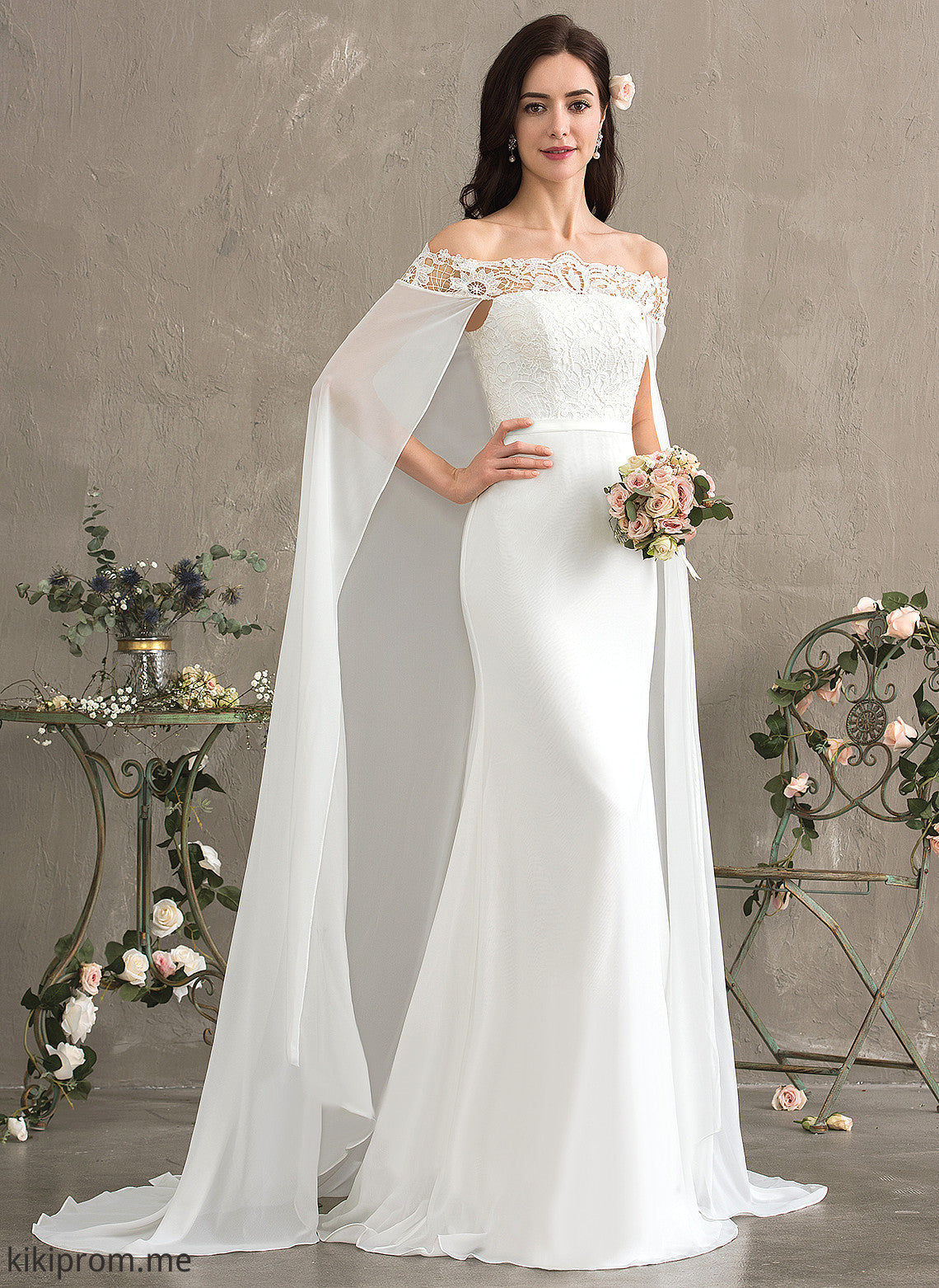 Wedding Dresses Court Lace Train With Sheath/Column Chiffon Lace Off-the-Shoulder Wedding Evangeline Dress