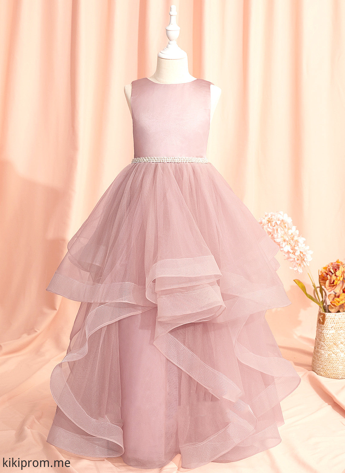 Girl Ball-Gown/Princess Liberty Dress Back - Scoop Flower Neck With Flower Girl Dresses Tulle Sleeveless Floor-length Beading/Bow(s)/V