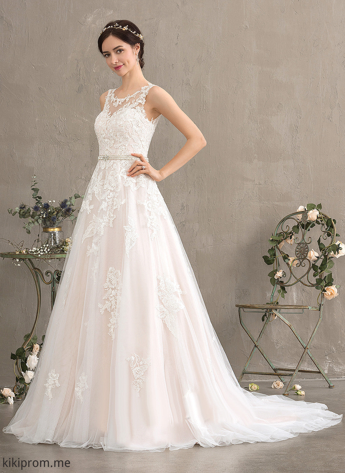 Kirsten With Wedding Dresses Train Lace Ball-Gown/Princess Wedding Sequins Neck Court Beading Dress Scoop Tulle