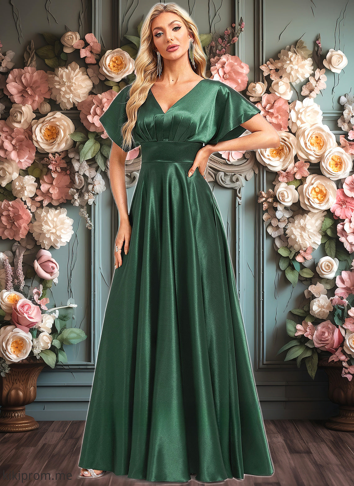 Alanna A-line V-Neck Floor-Length Stretch Satin Bridesmaid Dress HFP0025782