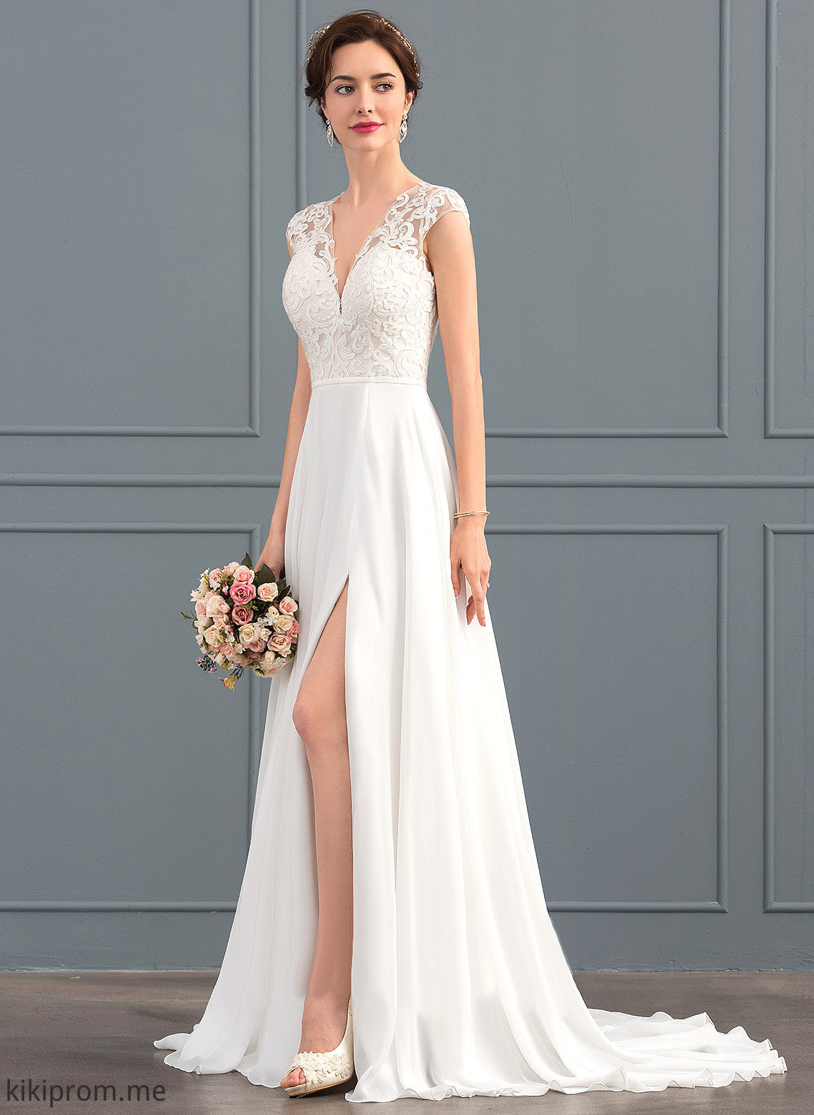 Wedding Dresses Wedding Split Train Lace A-Line V-neck Chiffon Dress Sweep With Front Mavis