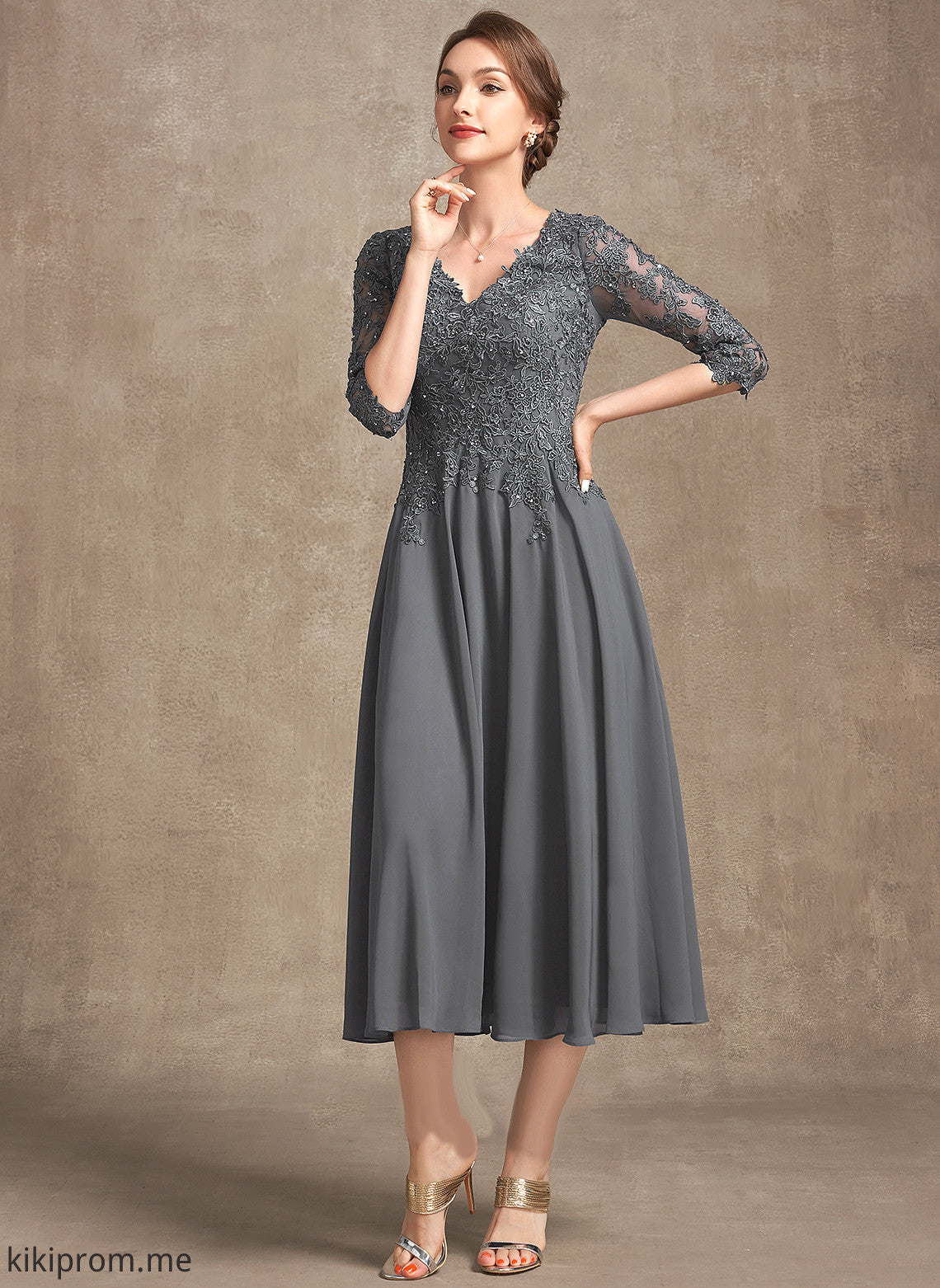 Sequins the With Chiffon Beading A-Line Mother V-neck Dress Mother of the Bride Dresses Tea-Length Leticia Lace of Bride