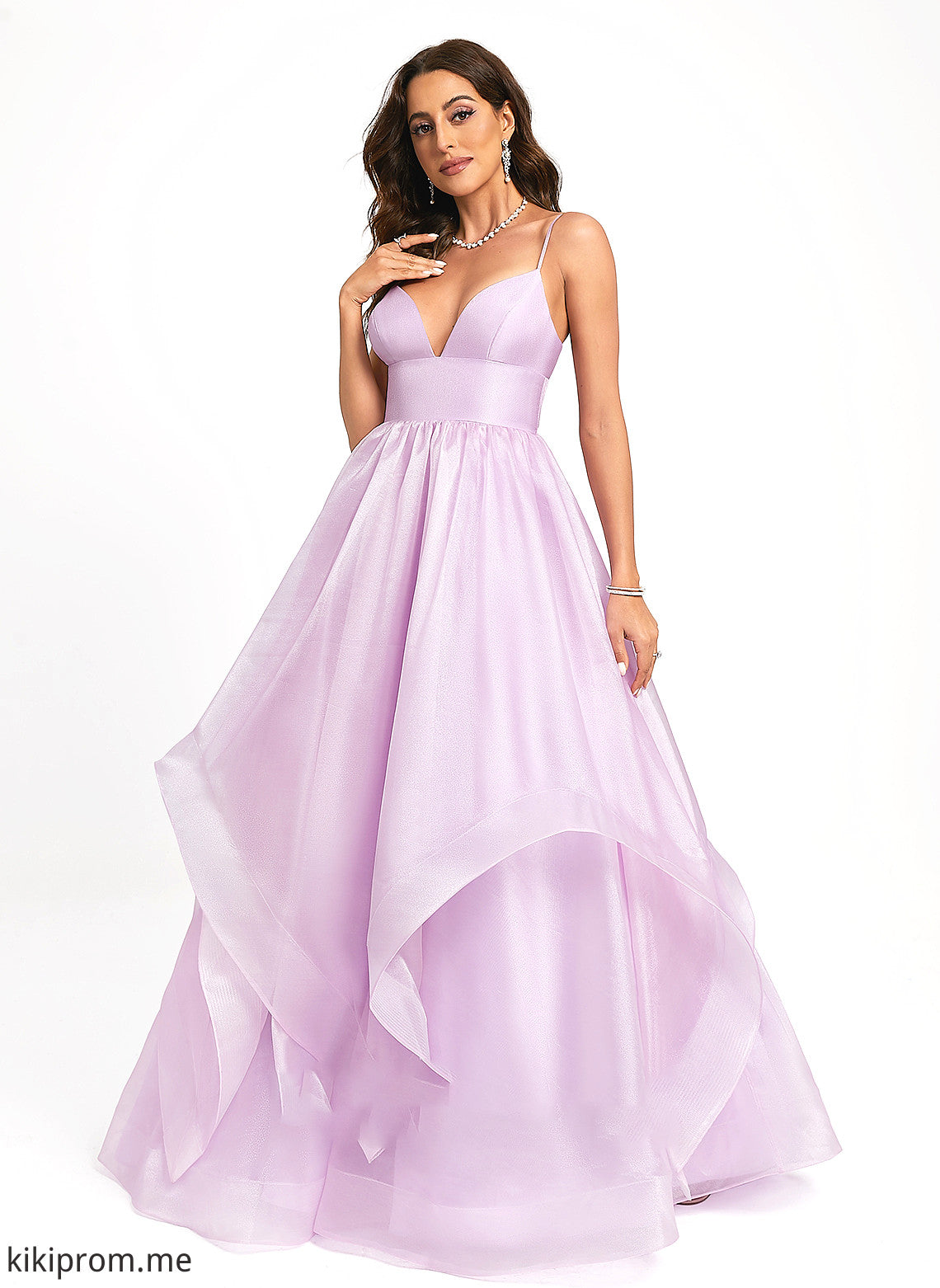 Emely Prom Dresses V-neck Sweep Organza Train Ball-Gown/Princess