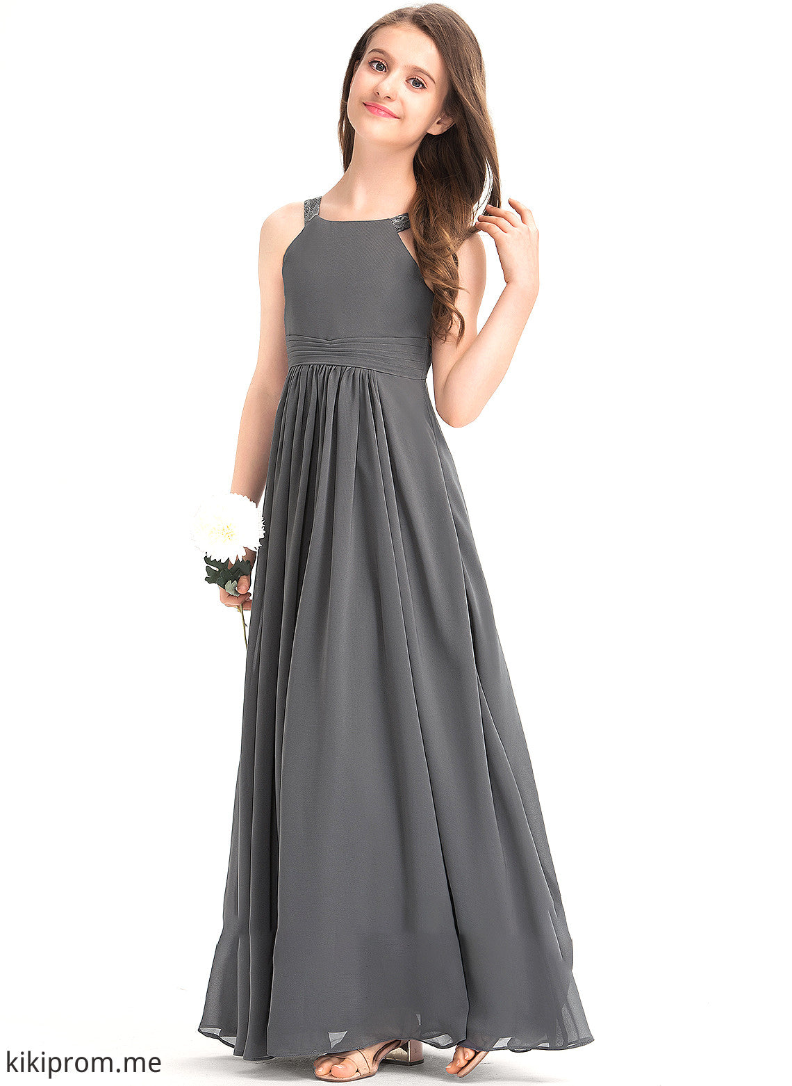 With Reese Lace Junior Bridesmaid Dresses Ruffle Floor-Length Chiffon A-Line Neck Scoop