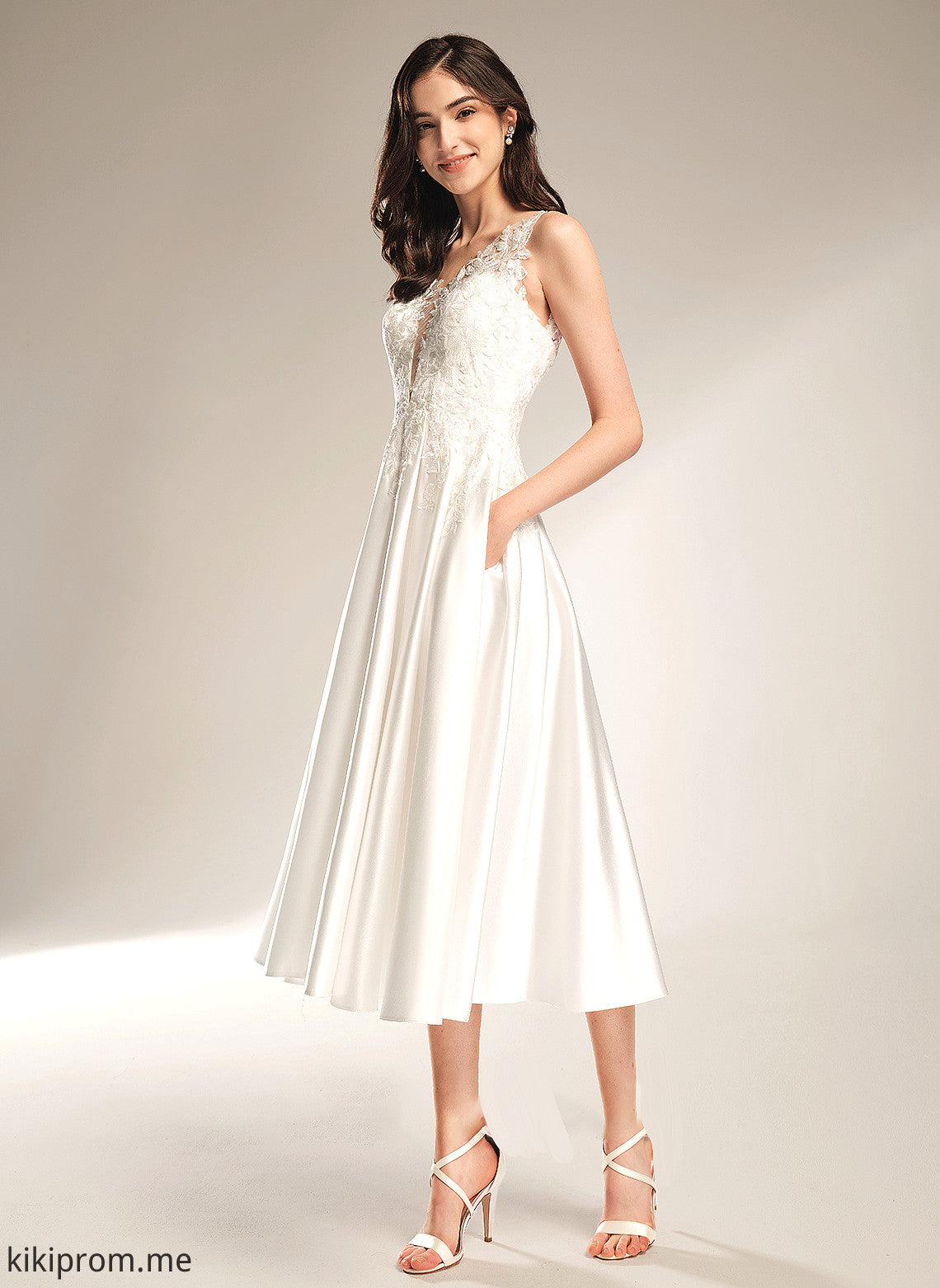 With V-neck Dress Renata Pockets A-Line Tea-Length Wedding Wedding Dresses