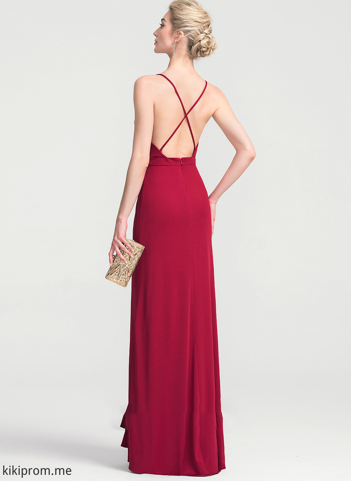 With Kaitlin Ruffle V-neck Floor-Length Jersey Sheath/Column Prom Dresses